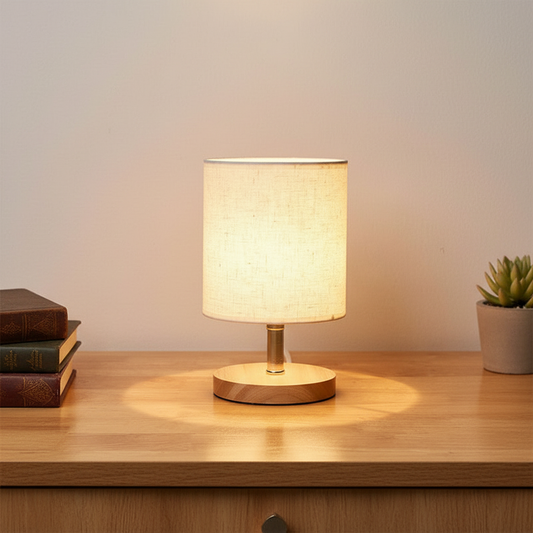 Tischlampe Holzsockel Leinenschirm - LinenGlow