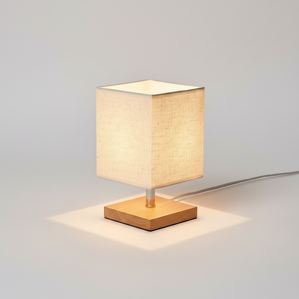 Tischlampe Holzsockel Leinenschirm - LinenGlow