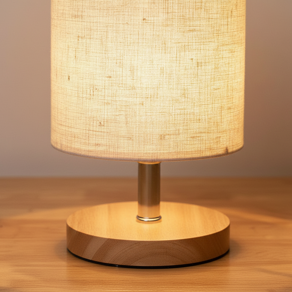 Tischlampe Holzsockel Leinenschirm - LinenGlow