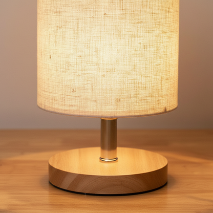 Tischlampe Holzsockel Leinenschirm - LinenGlow